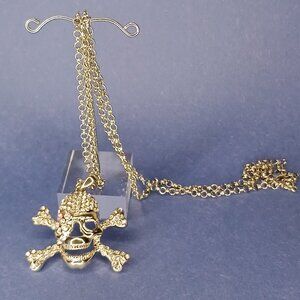 Pirate Skull & Cross Bone Rhinestone Necklace Fashion 22" Silver Tone No Lead